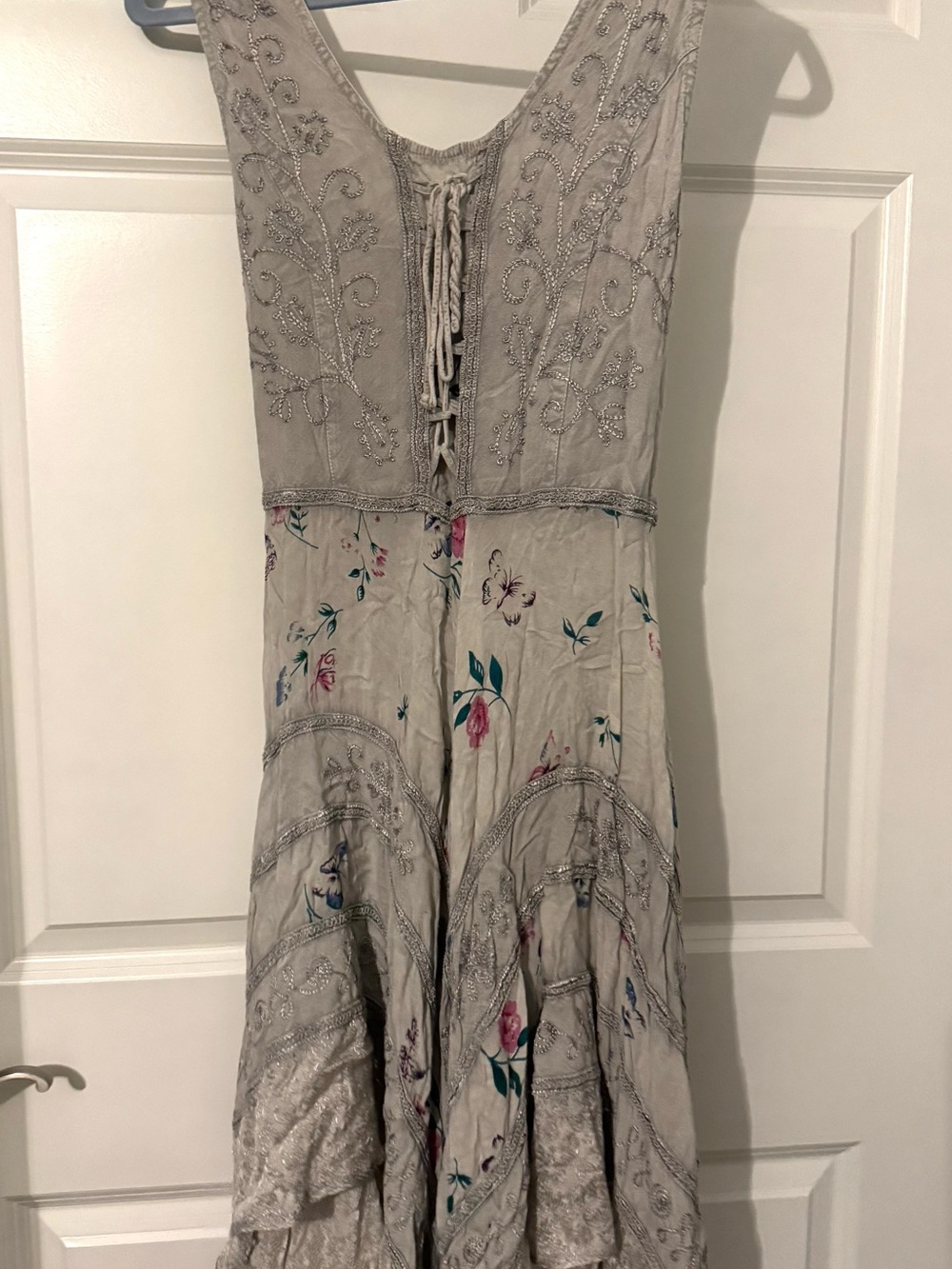 Sleeveless Floral Embroidered Gray Boho Summer Midi Dress Free Size Flowy